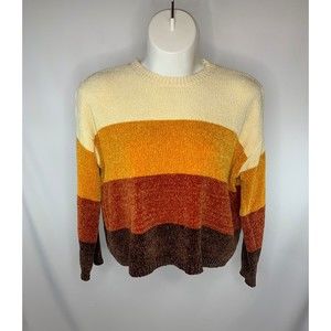 Volcom Scoop Neck Long Sleeve Orange Beige Brown Knit Women Sweater top sz XL